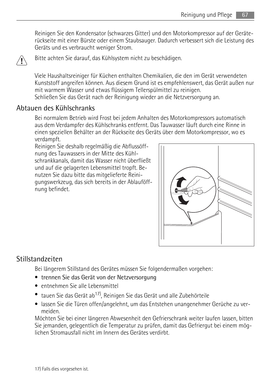 Abtauen des kühlschranks, Stillstandzeiten | AEG SKS51200F0 User Manual | Page 67 / 96