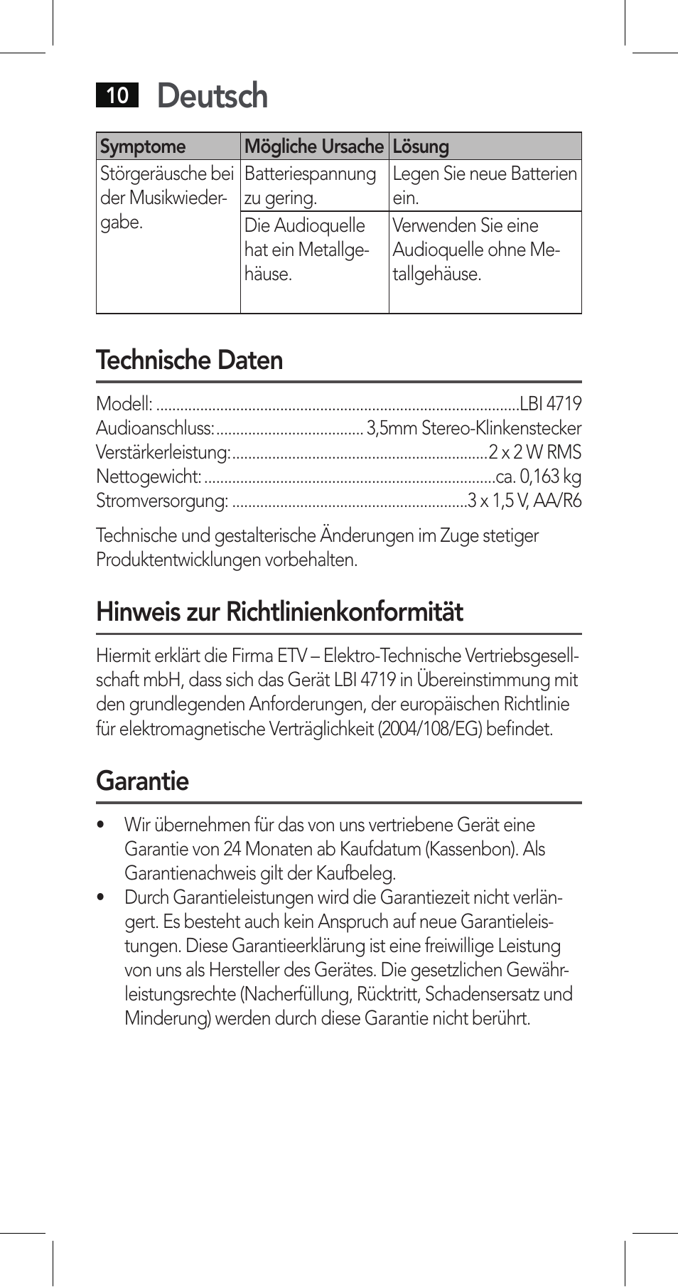 Deutsch, Technische daten, Hinweis zur richtlinienkonformität | Garantie | AEG LBI 4719 User Manual | Page 10 / 70