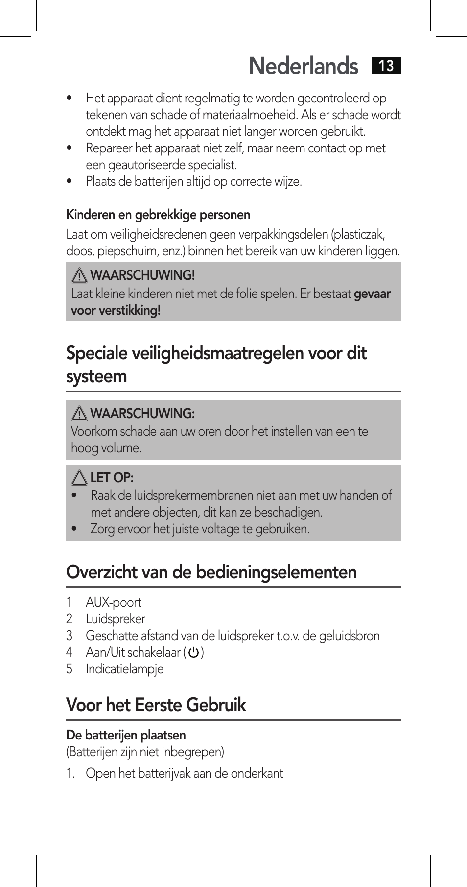 Nederlands, Speciale veiligheidsmaatregelen voor dit systeem, Overzicht van de bedieningselementen | Voor het eerste gebruik | AEG LBI 4719 User Manual | Page 13 / 70