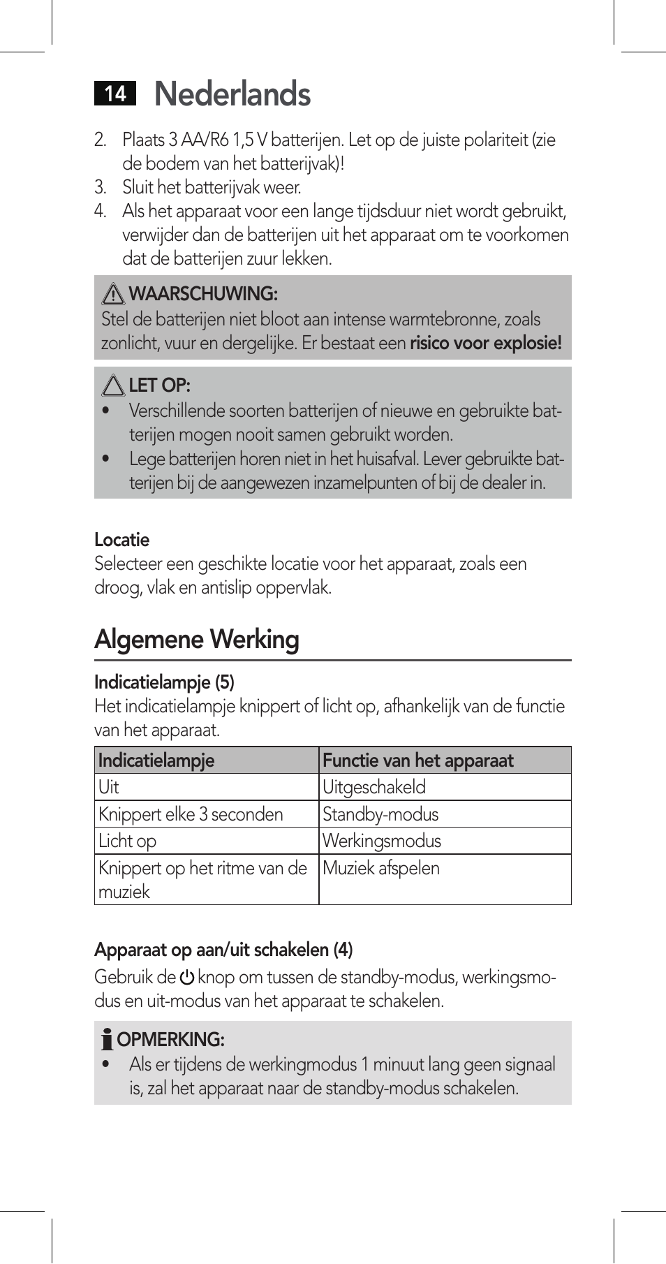 Nederlands, Algemene werking | AEG LBI 4719 User Manual | Page 14 / 70