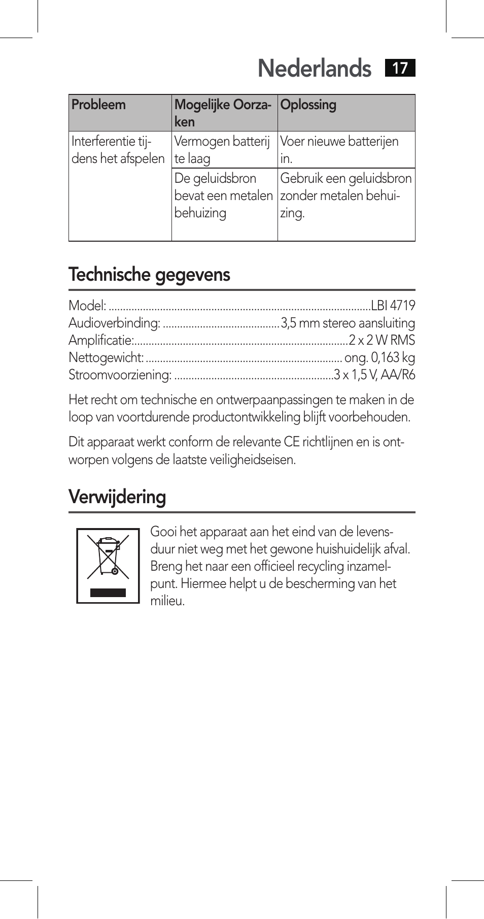 Nederlands, Technische gegevens, Verwijdering | AEG LBI 4719 User Manual | Page 17 / 70