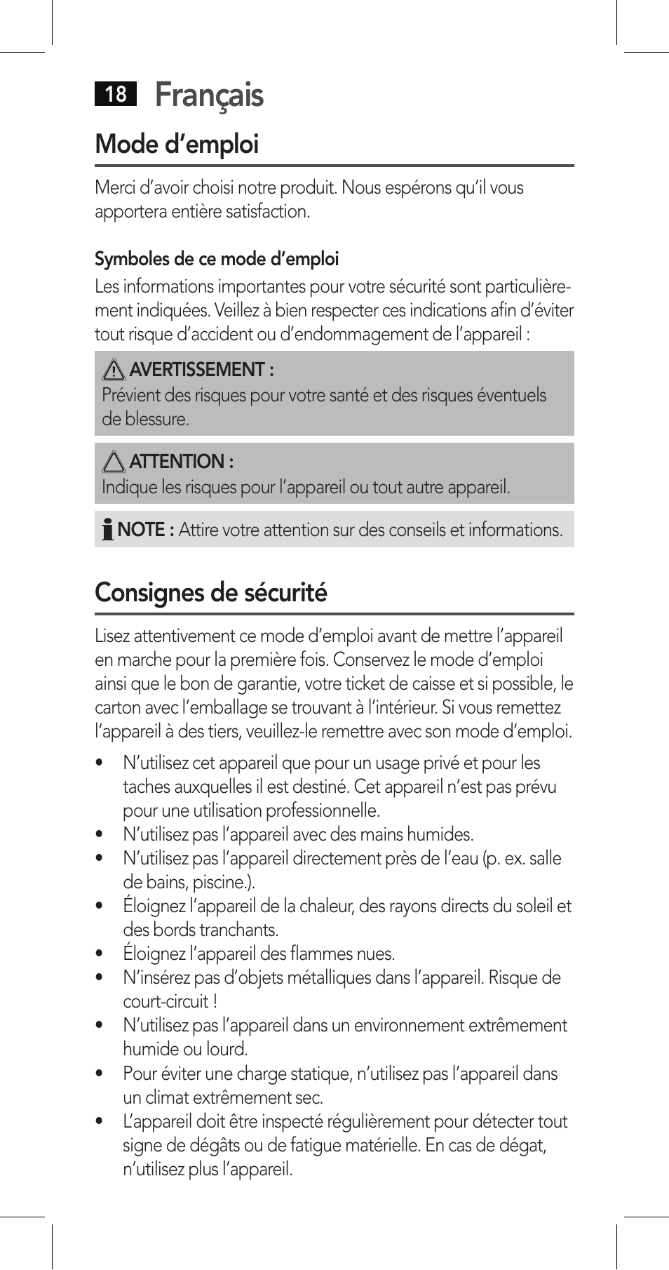 Français, Mode d’emploi, Consignes de sécurité | AEG LBI 4719 User Manual | Page 18 / 70