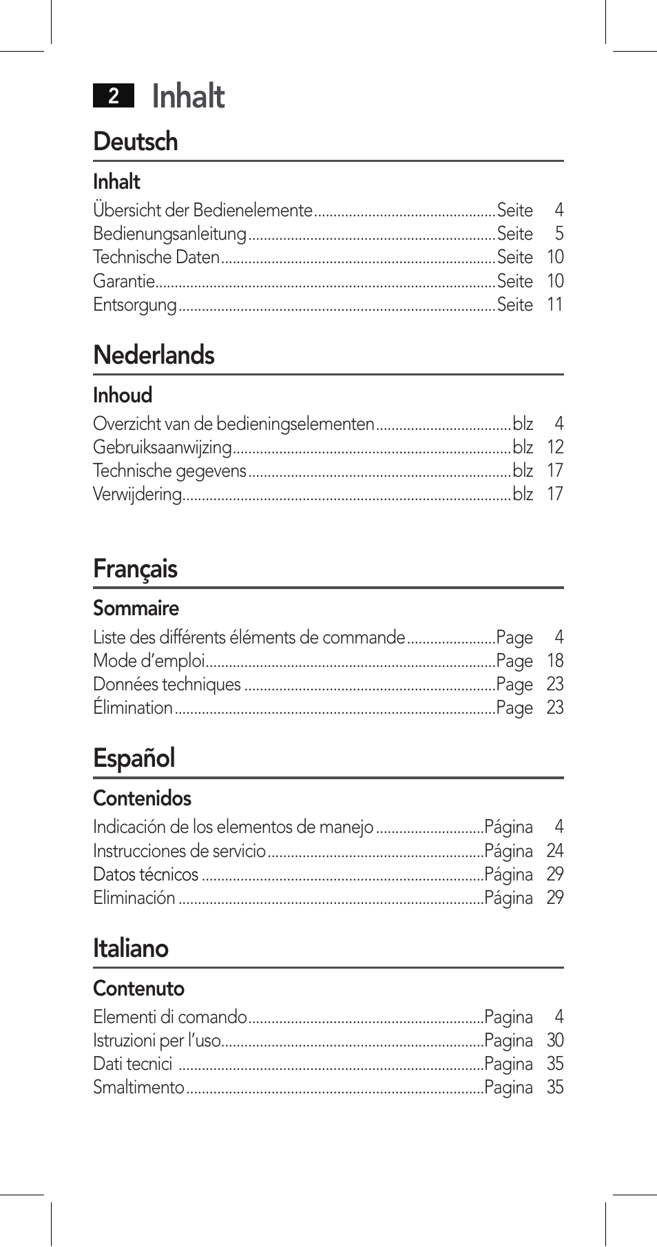 Inhalt, Deutsch, Nederlands | Français, Español, Italiano | AEG LBI 4719 User Manual | Page 2 / 70