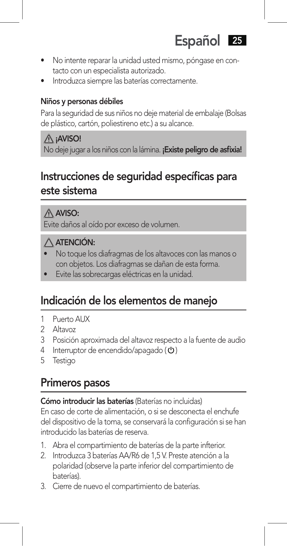 Español, Indicación de los elementos de manejo, Primeros pasos | AEG LBI 4719 User Manual | Page 25 / 70