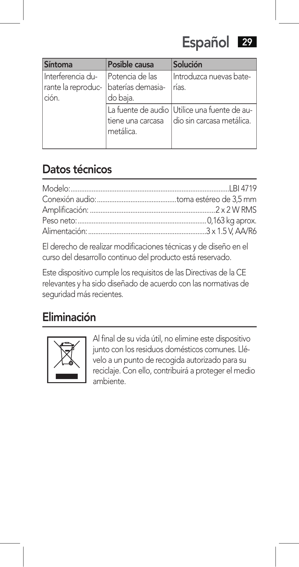 Español, Datos técnicos, Eliminación | AEG LBI 4719 User Manual | Page 29 / 70