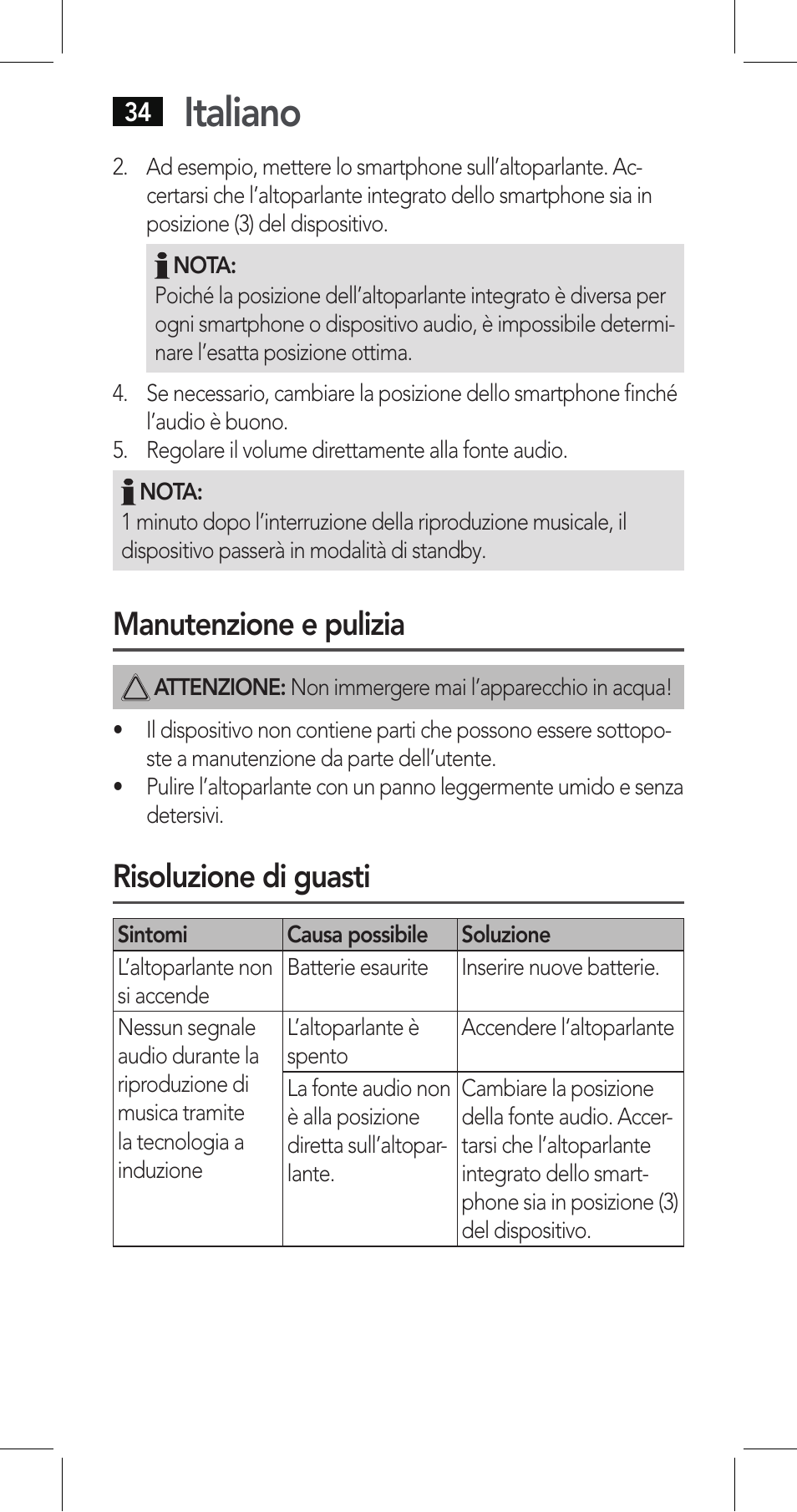 Italiano, Manutenzione e pulizia, Risoluzione di guasti | AEG LBI 4719 User Manual | Page 34 / 70