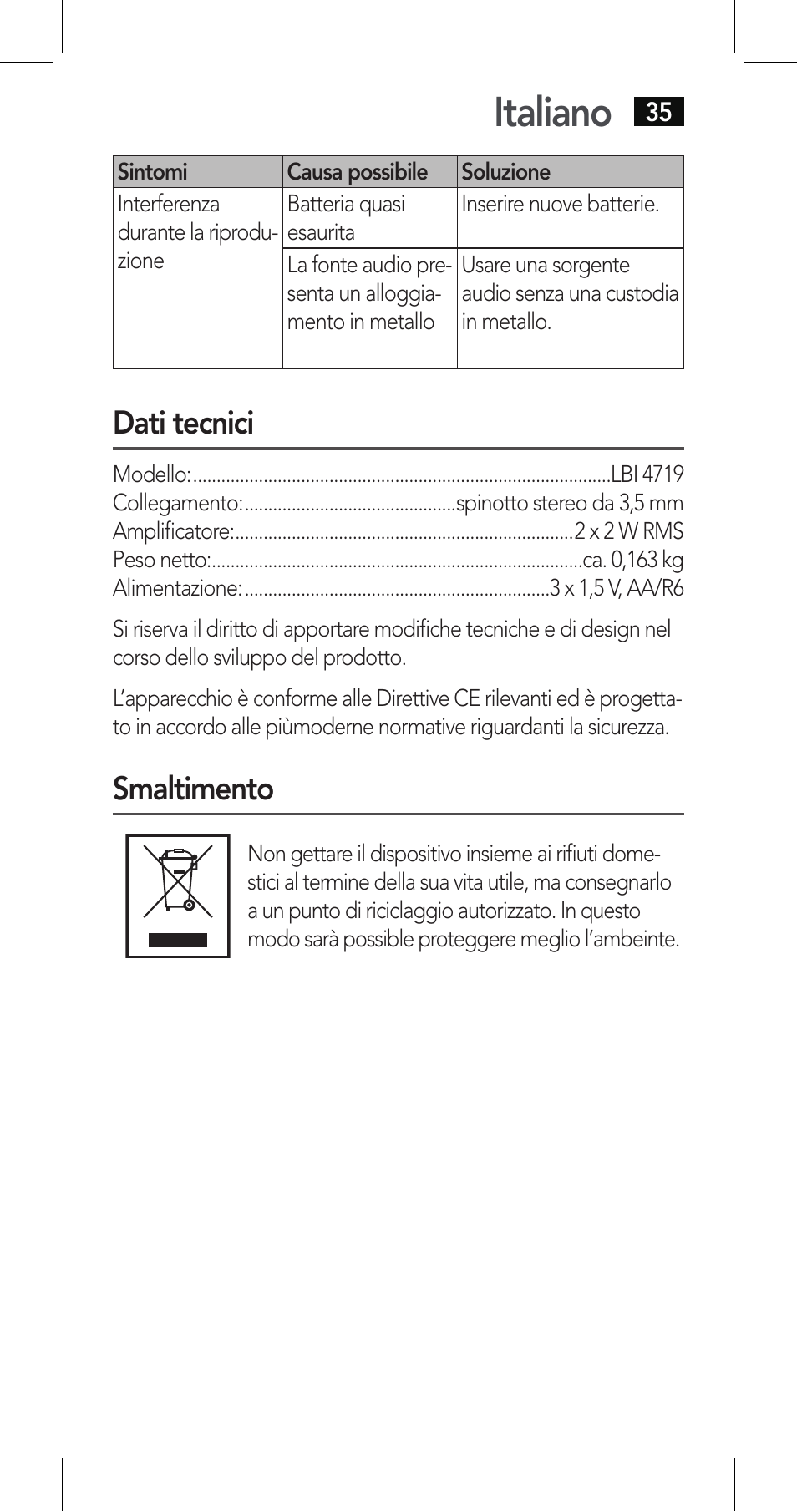 Italiano, Dati tecnici, Smaltimento | AEG LBI 4719 User Manual | Page 35 / 70
