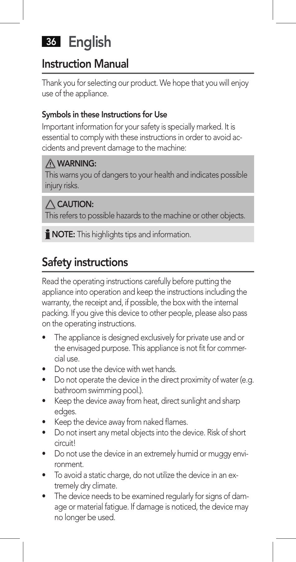 English, Instruction manual, Safety instructions | AEG LBI 4719 User Manual | Page 36 / 70