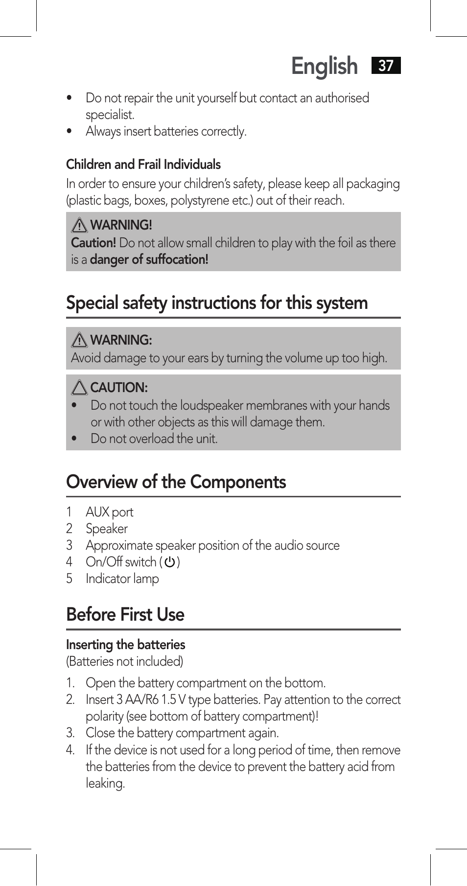 English, Special safety instructions for this system, Overview of the components | Before first use | AEG LBI 4719 User Manual | Page 37 / 70