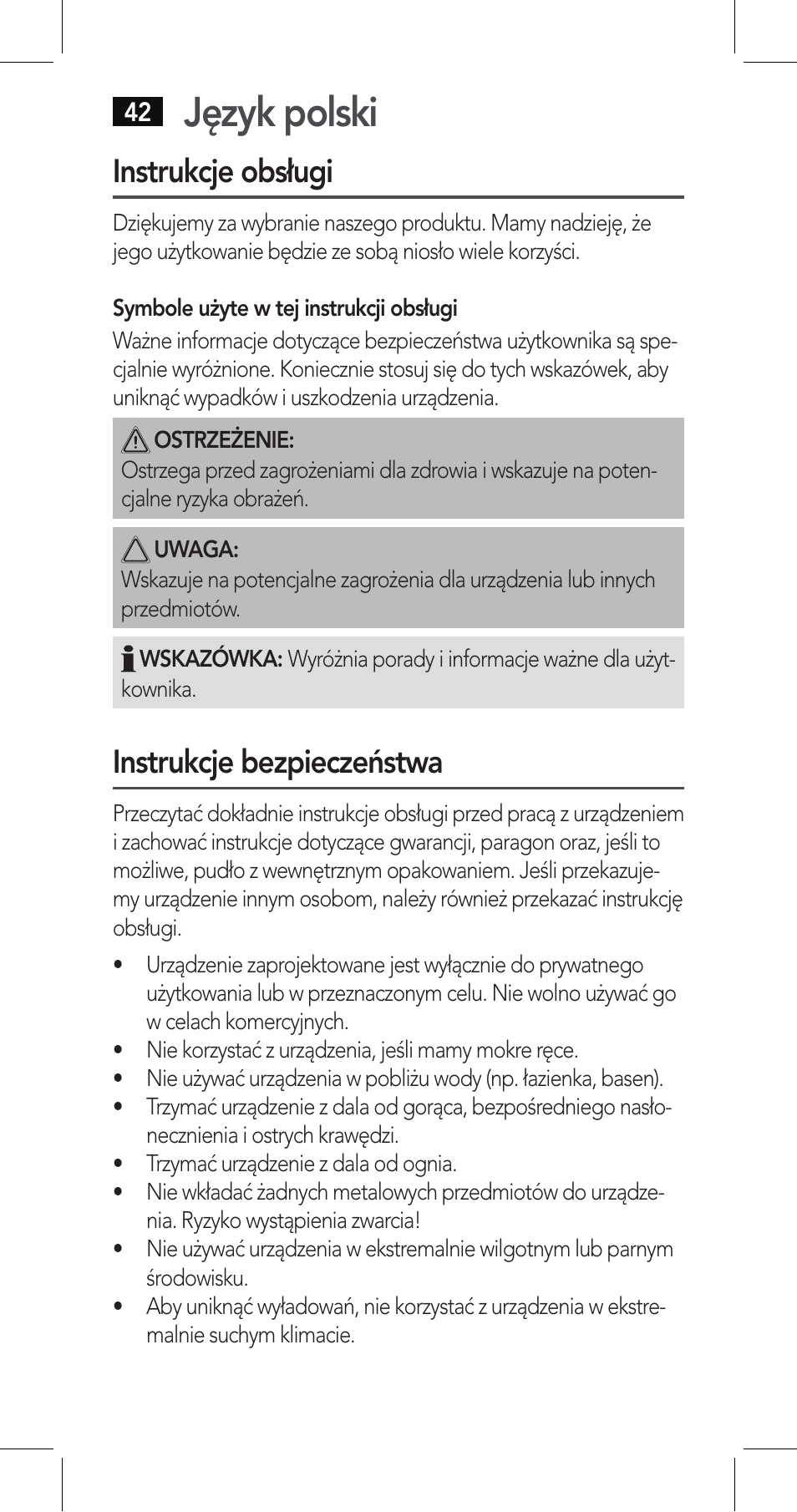 Język polski, Instrukcje obsługi, Instrukcje bezpieczeństwa | AEG LBI 4719 User Manual | Page 42 / 70