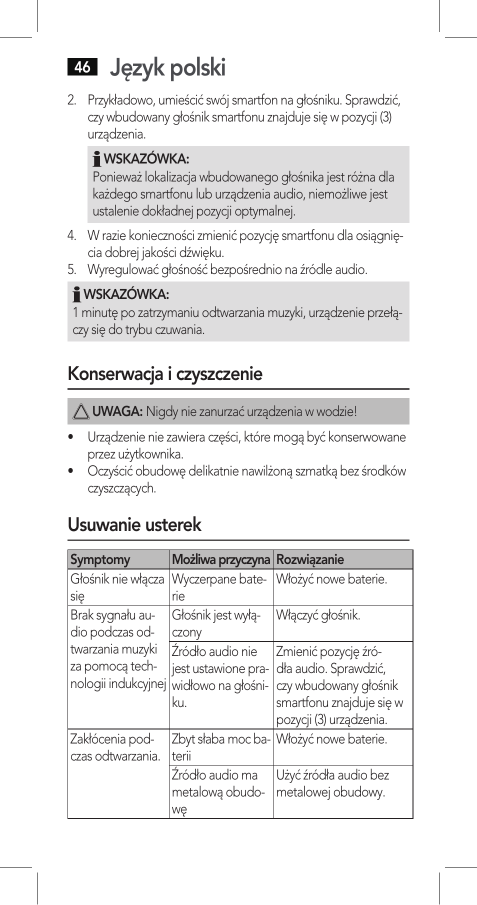 Język polski, Konserwacja i czyszczenie, Usuwanie usterek | AEG LBI 4719 User Manual | Page 46 / 70