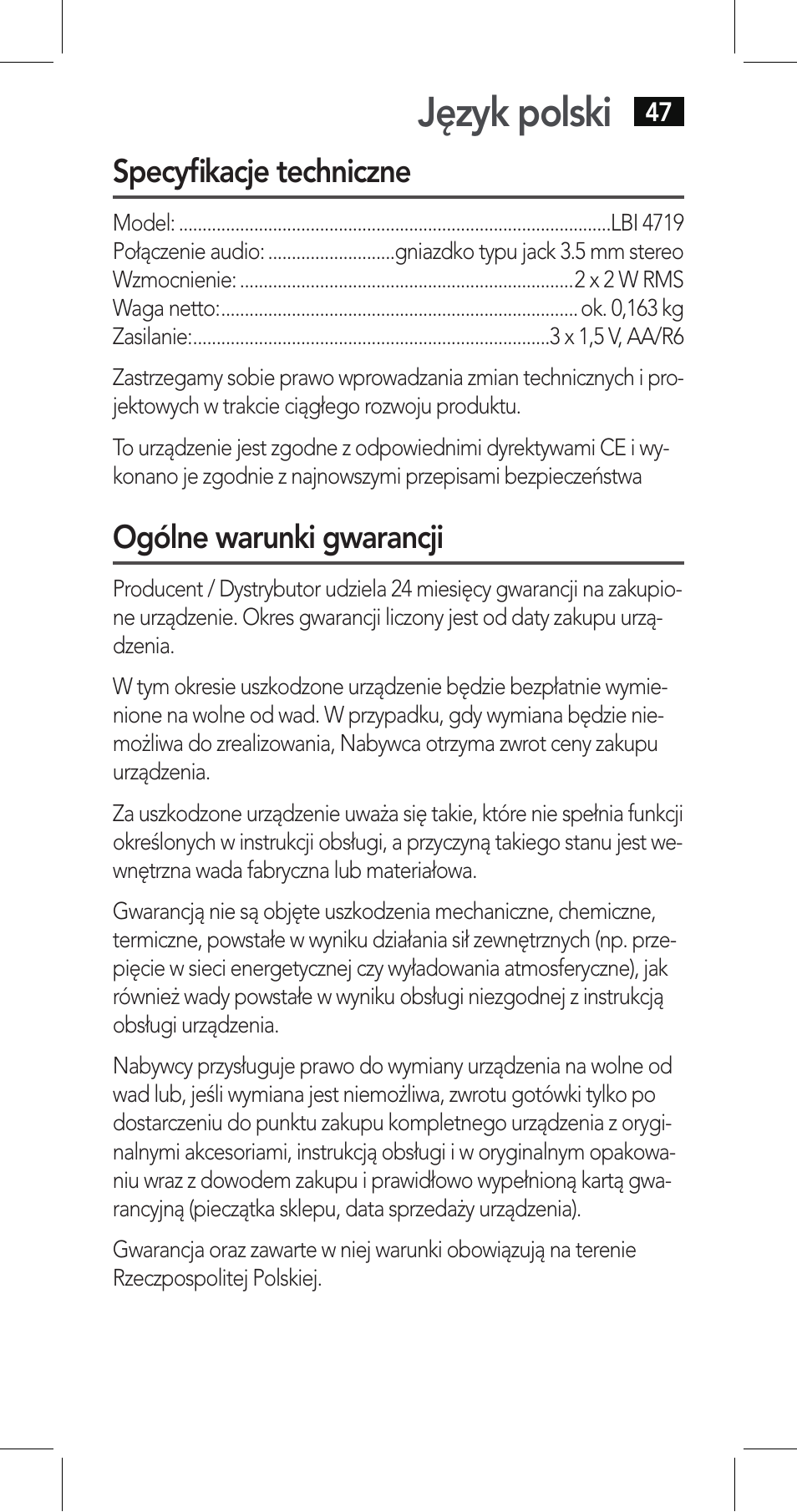 Język polski | AEG LBI 4719 User Manual | Page 47 / 70