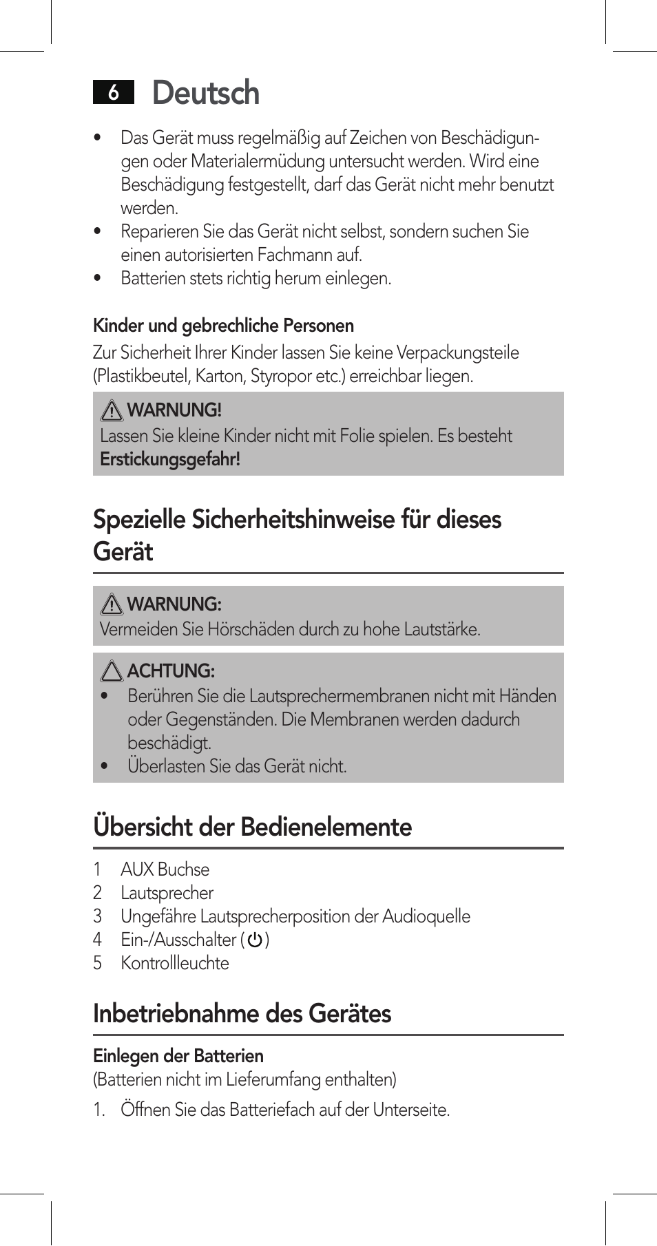 Deutsch, Spezielle sicherheitshinweise für dieses gerät, Übersicht der bedienelemente | Inbetriebnahme des gerätes | AEG LBI 4719 User Manual | Page 6 / 70