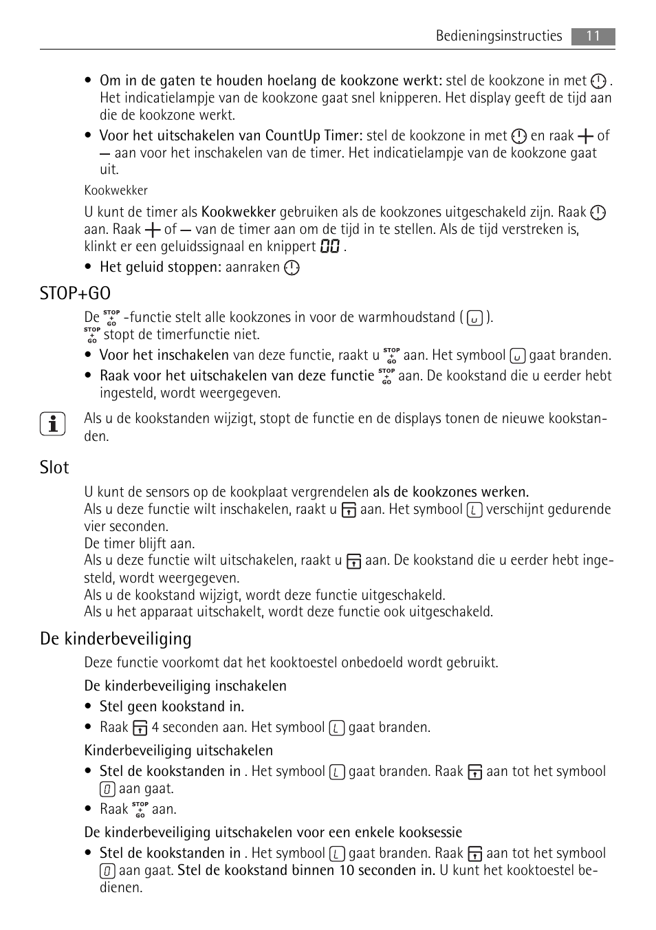 Stop+go, Slot, De kinderbeveiliging | AEG HE634079XB User Manual | Page 11 / 72