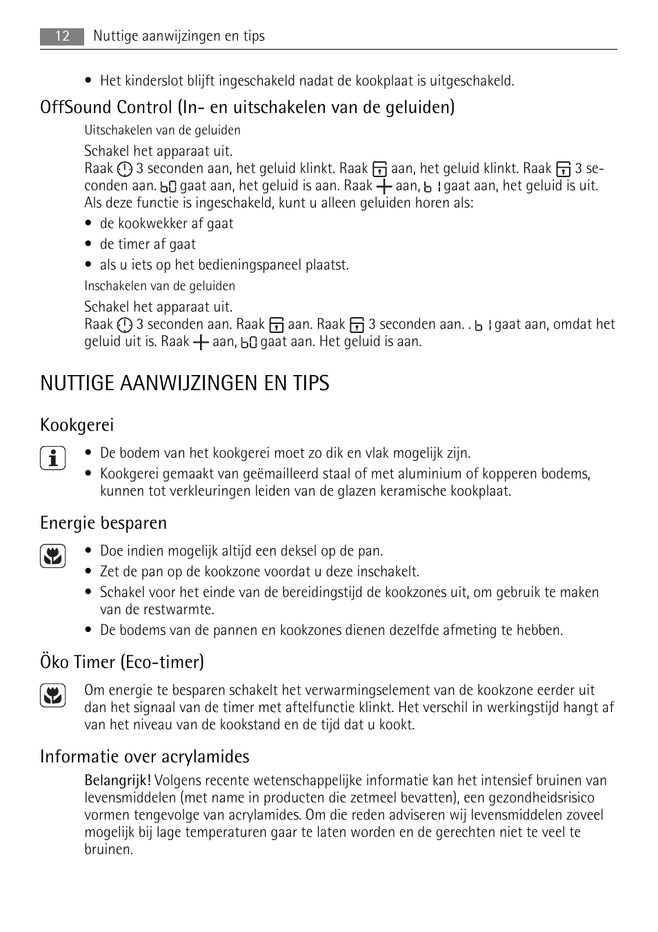 Nuttige aanwijzingen en tips, Kookgerei, Energie besparen | Öko timer (eco-timer), Informatie over acrylamides | AEG HE634079XB User Manual | Page 12 / 72