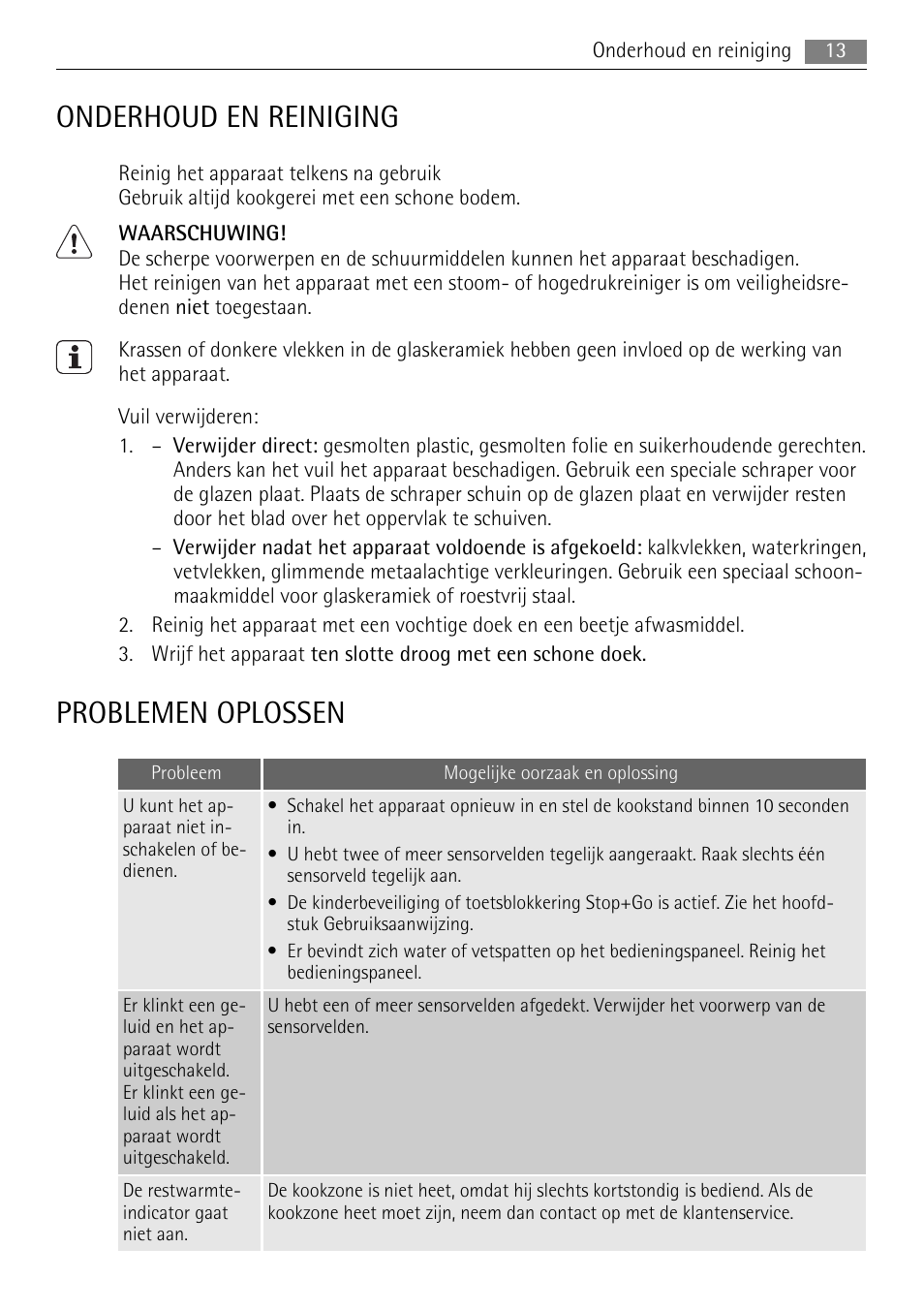 Onderhoud en reiniging, Problemen oplossen | AEG HE634079XB User Manual | Page 13 / 72