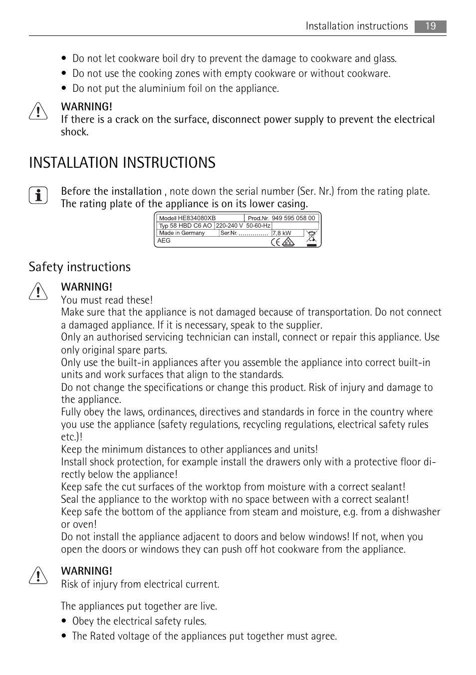 Installation instructions, Safety instructions | AEG HE634079XB User Manual | Page 19 / 72