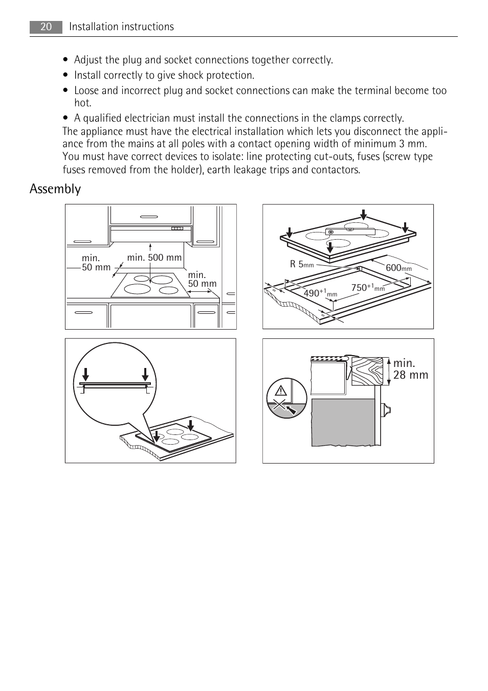 Assembly, Min. 28 mm | AEG HE634079XB User Manual | Page 20 / 72
