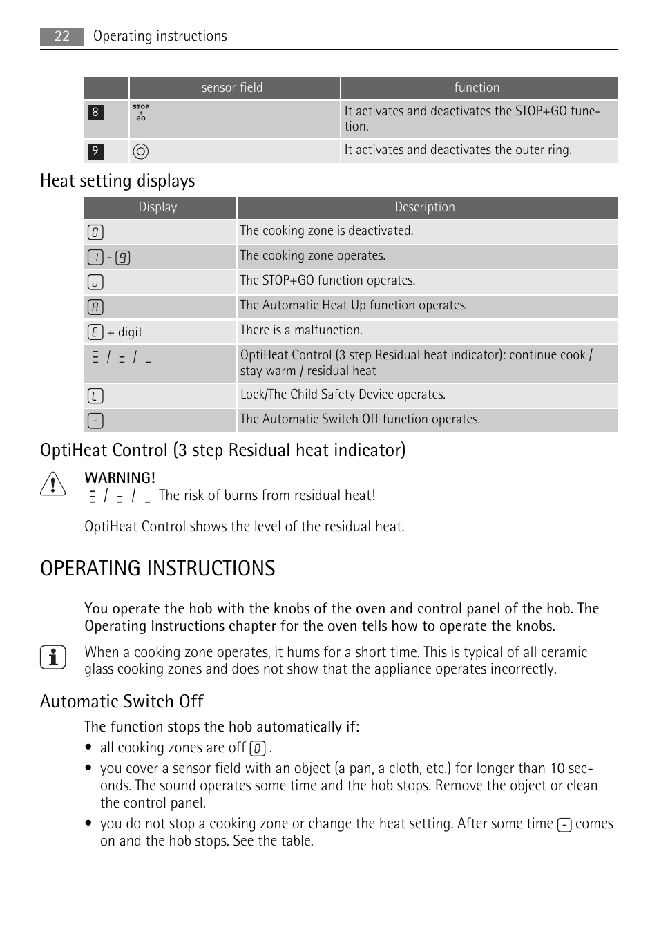 Operating instructions, Heat setting displays, Optiheat control (3 step residual heat indicator) | Automatic switch off | AEG HE634079XB User Manual | Page 22 / 72