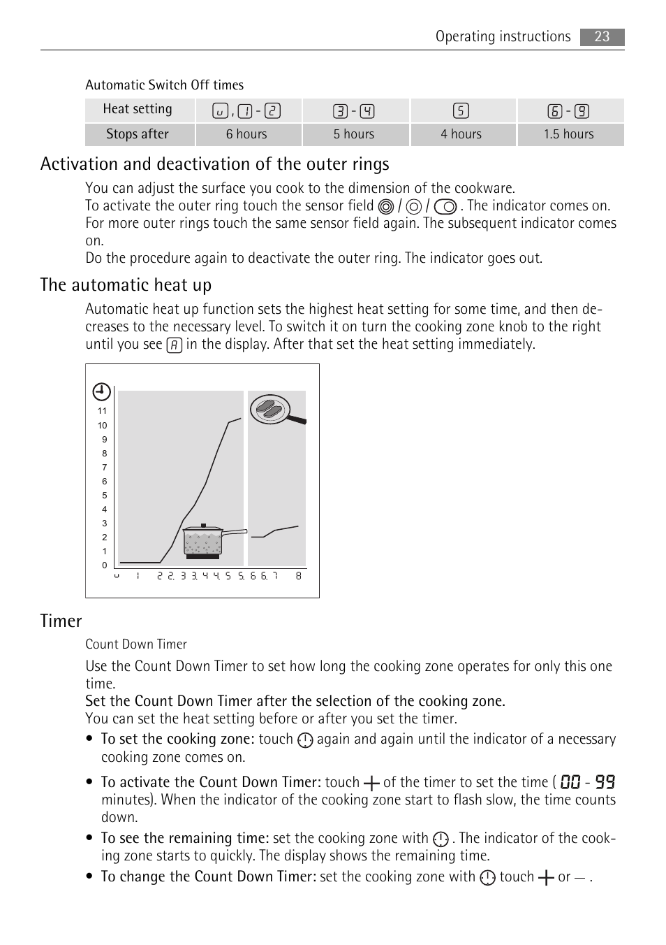 Activation and deactivation of the outer rings, The automatic heat up, Timer | AEG HE634079XB User Manual | Page 23 / 72