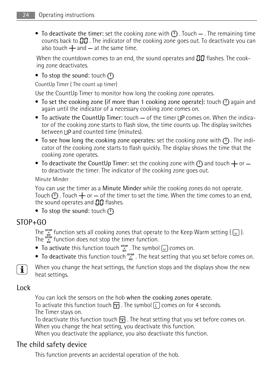 Stop+go, Lock, The child safety device | AEG HE634079XB User Manual | Page 24 / 72