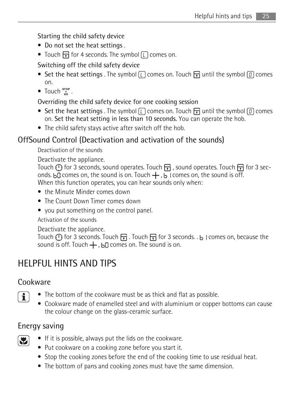 Helpful hints and tips, Cookware, Energy saving | AEG HE634079XB User Manual | Page 25 / 72