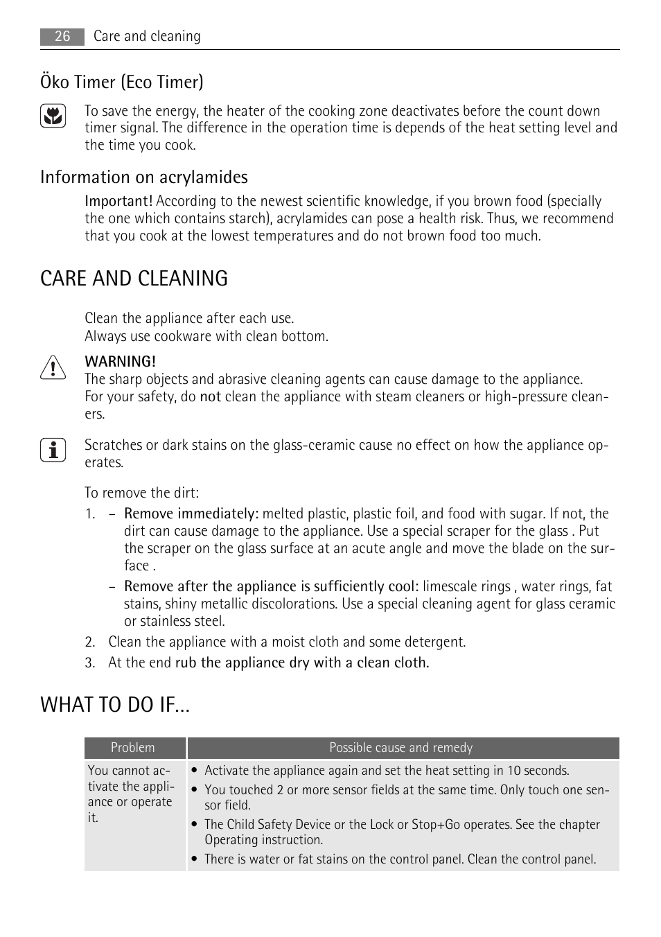 Care and cleaning, What to do if, Öko timer (eco timer) | Information on acrylamides | AEG HE634079XB User Manual | Page 26 / 72
