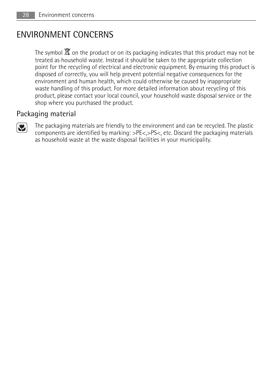 Environment concerns, Packaging material | AEG HE634079XB User Manual | Page 28 / 72