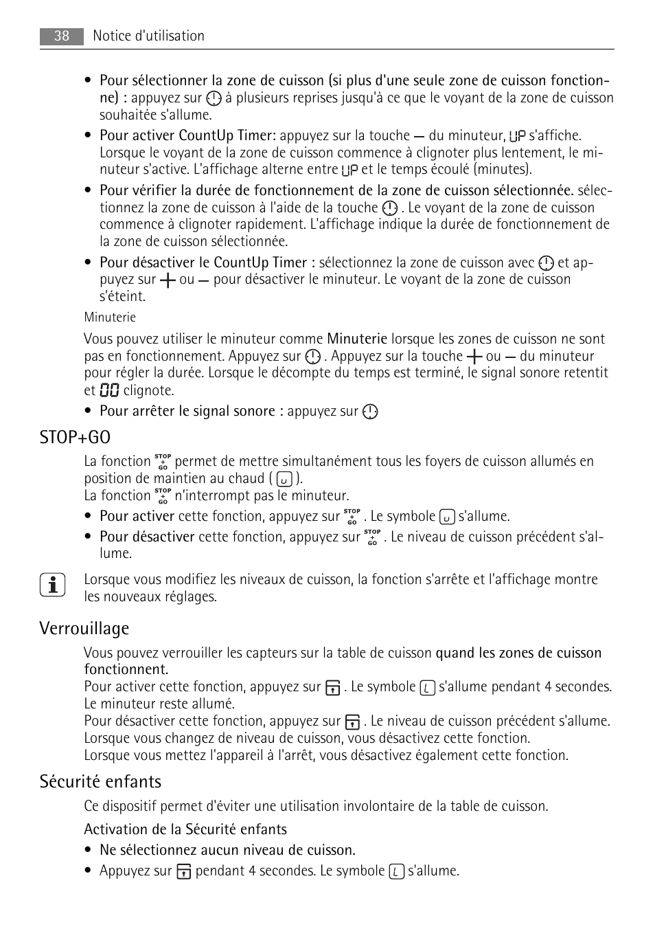 Stop+go, Verrouillage, Sécurité enfants | AEG HE634079XB User Manual | Page 38 / 72