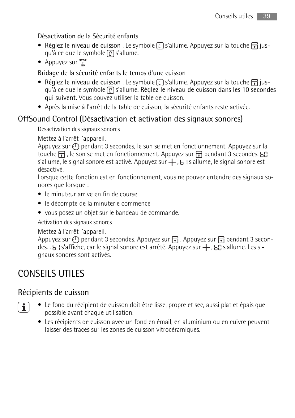 Conseils utiles, Récipients de cuisson | AEG HE634079XB User Manual | Page 39 / 72