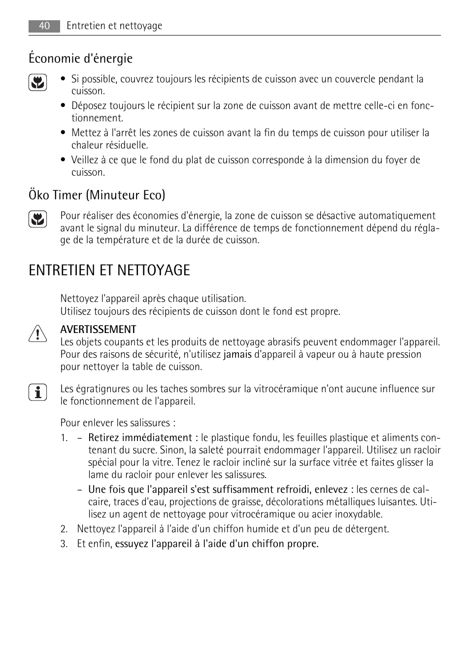 Entretien et nettoyage, Économie d'énergie, Öko timer (minuteur eco) | AEG HE634079XB User Manual | Page 40 / 72