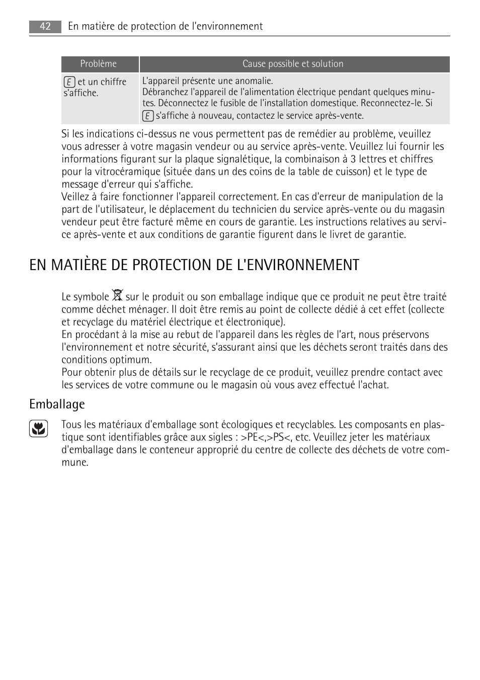 En matière de protection de l'environnement, Emballage | AEG HE634079XB User Manual | Page 42 / 72
