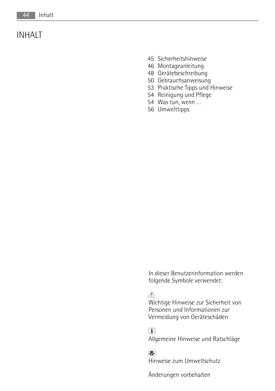 Inhalt | AEG HE634079XB User Manual | Page 44 / 72