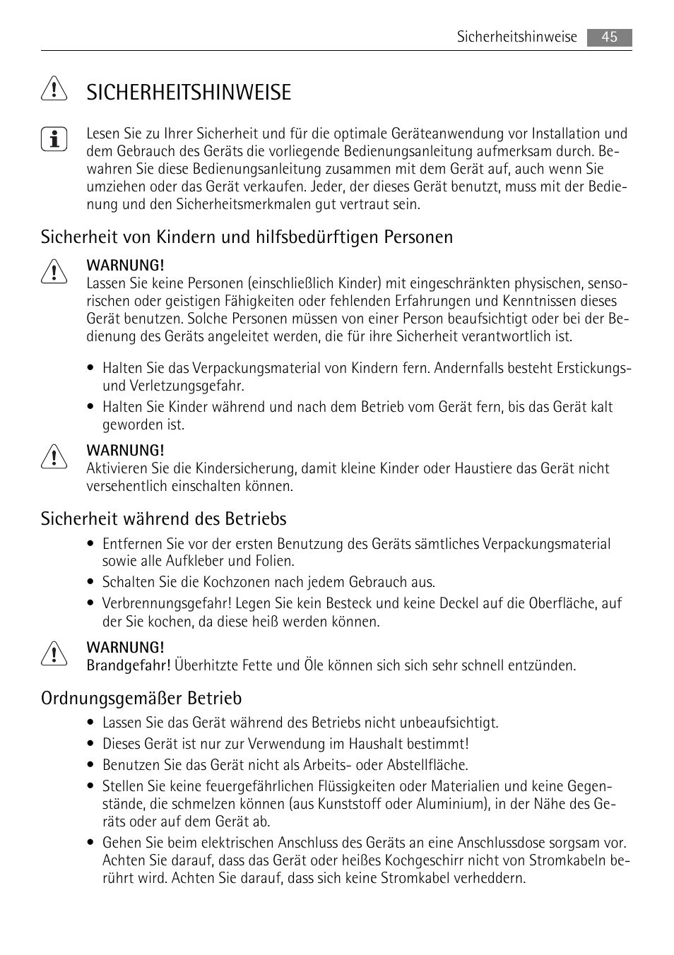 Sicherheitshinweise, Sicherheit während des betriebs, Ordnungsgemäßer betrieb | AEG HE634079XB User Manual | Page 45 / 72