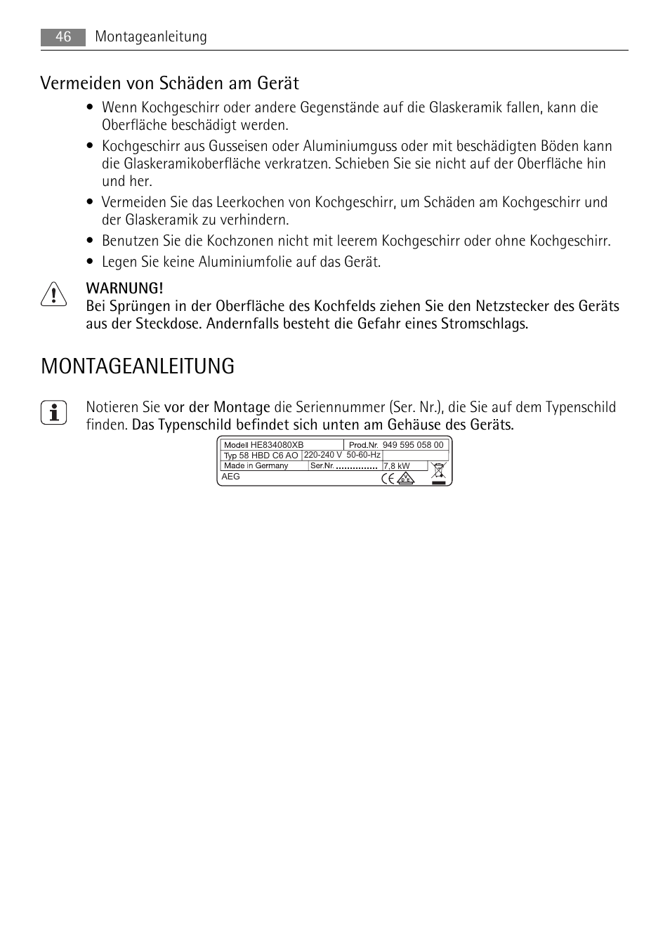 Montageanleitung, Vermeiden von schäden am gerät | AEG HE634079XB User Manual | Page 46 / 72