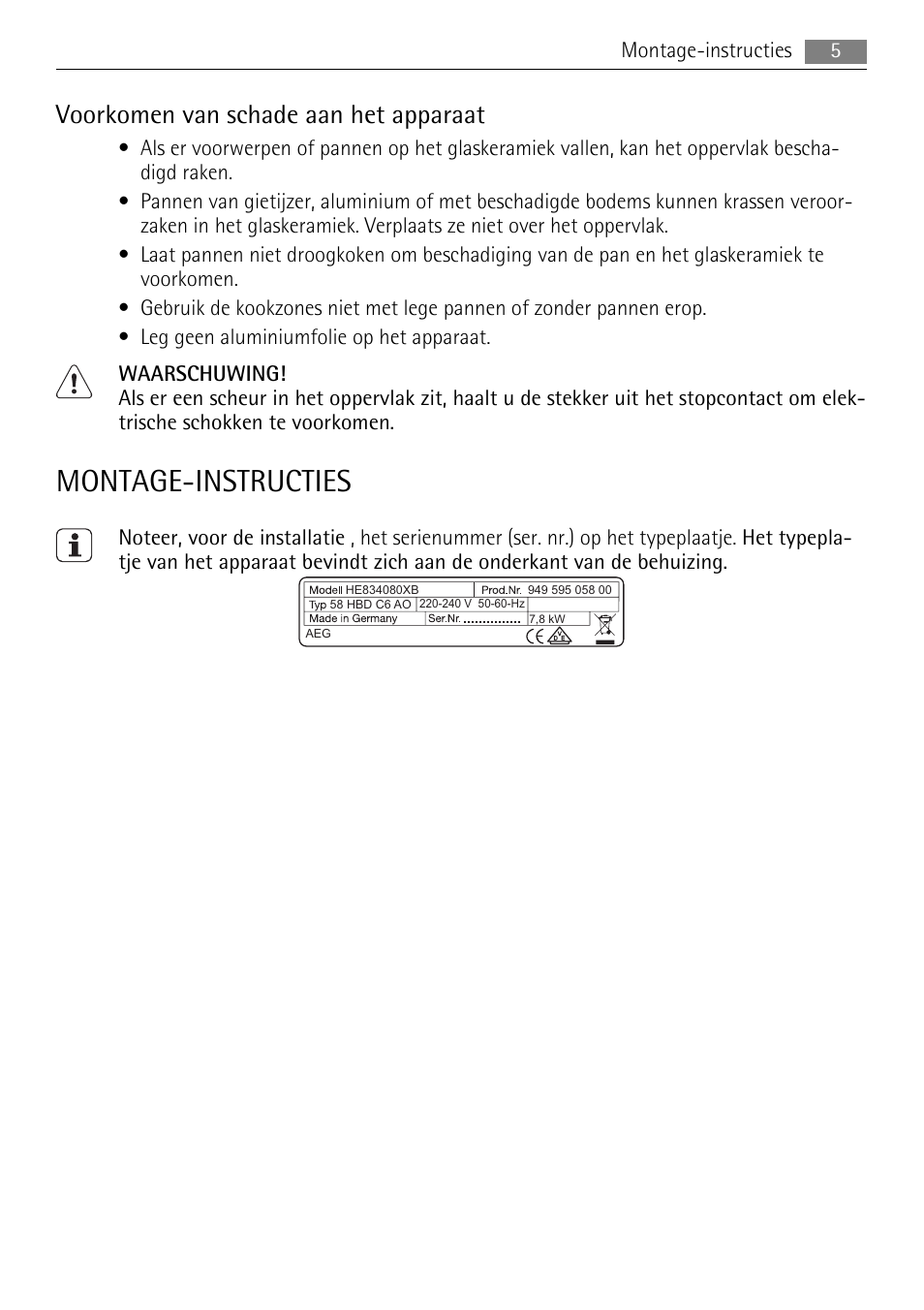 Montage-instructies, Voorkomen van schade aan het apparaat | AEG HE634079XB User Manual | Page 5 / 72