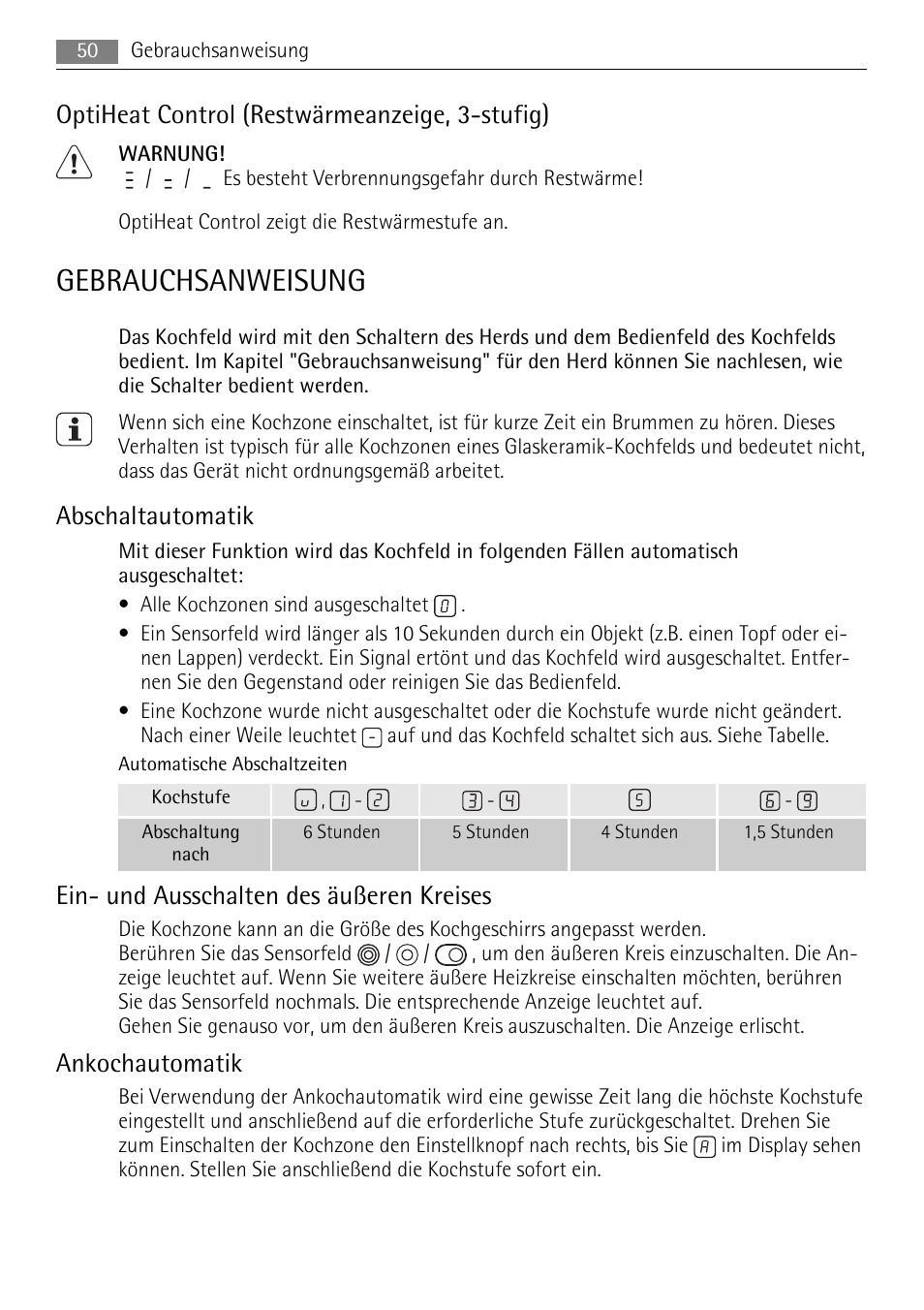 Gebrauchsanweisung, Optiheat control (restwärmeanzeige, 3-stufig), Abschaltautomatik | Ein- und ausschalten des äußeren kreises, Ankochautomatik | AEG HE634079XB User Manual | Page 50 / 72