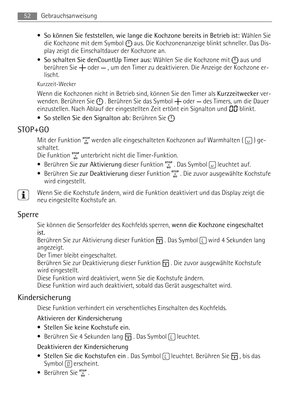 Stop+go, Sperre, Kindersicherung | AEG HE634079XB User Manual | Page 52 / 72
