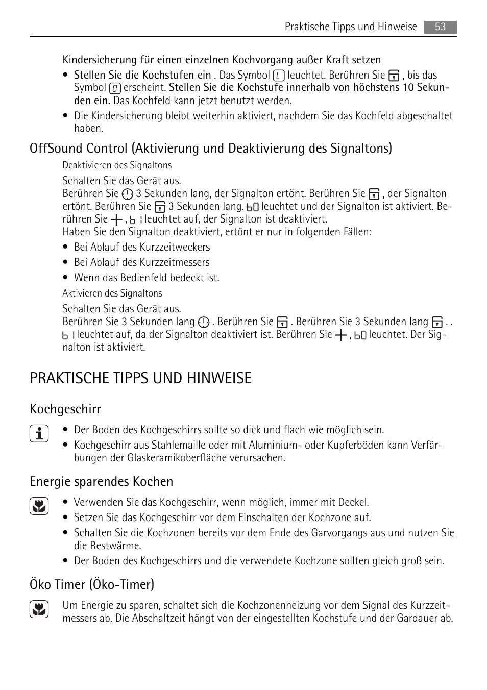 Praktische tipps und hinweise, Kochgeschirr, Energie sparendes kochen | Öko timer (öko-timer) | AEG HE634079XB User Manual | Page 53 / 72