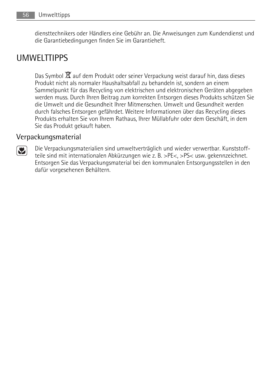 Umwelttipps, Verpackungsmaterial | AEG HE634079XB User Manual | Page 56 / 72