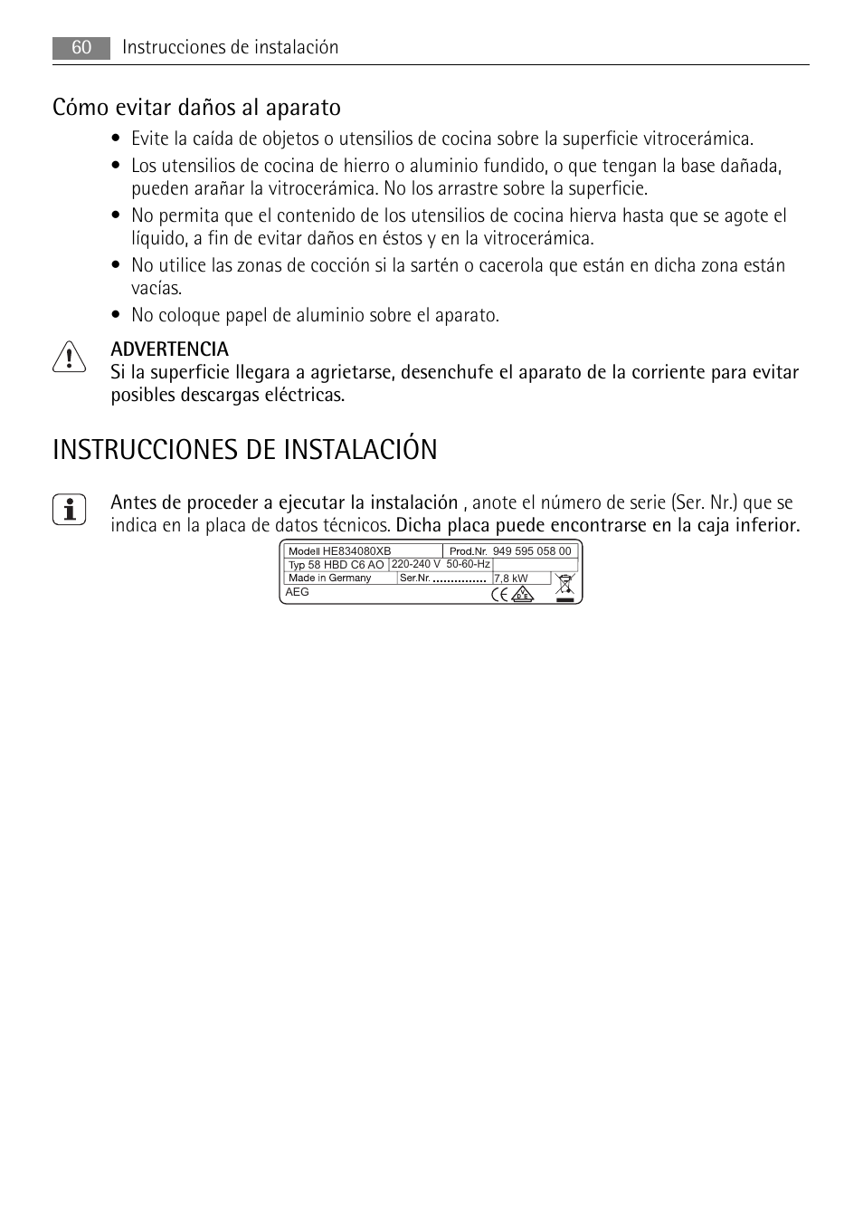 Instrucciones de instalación, Cómo evitar daños al aparato | AEG HE634079XB User Manual | Page 60 / 72