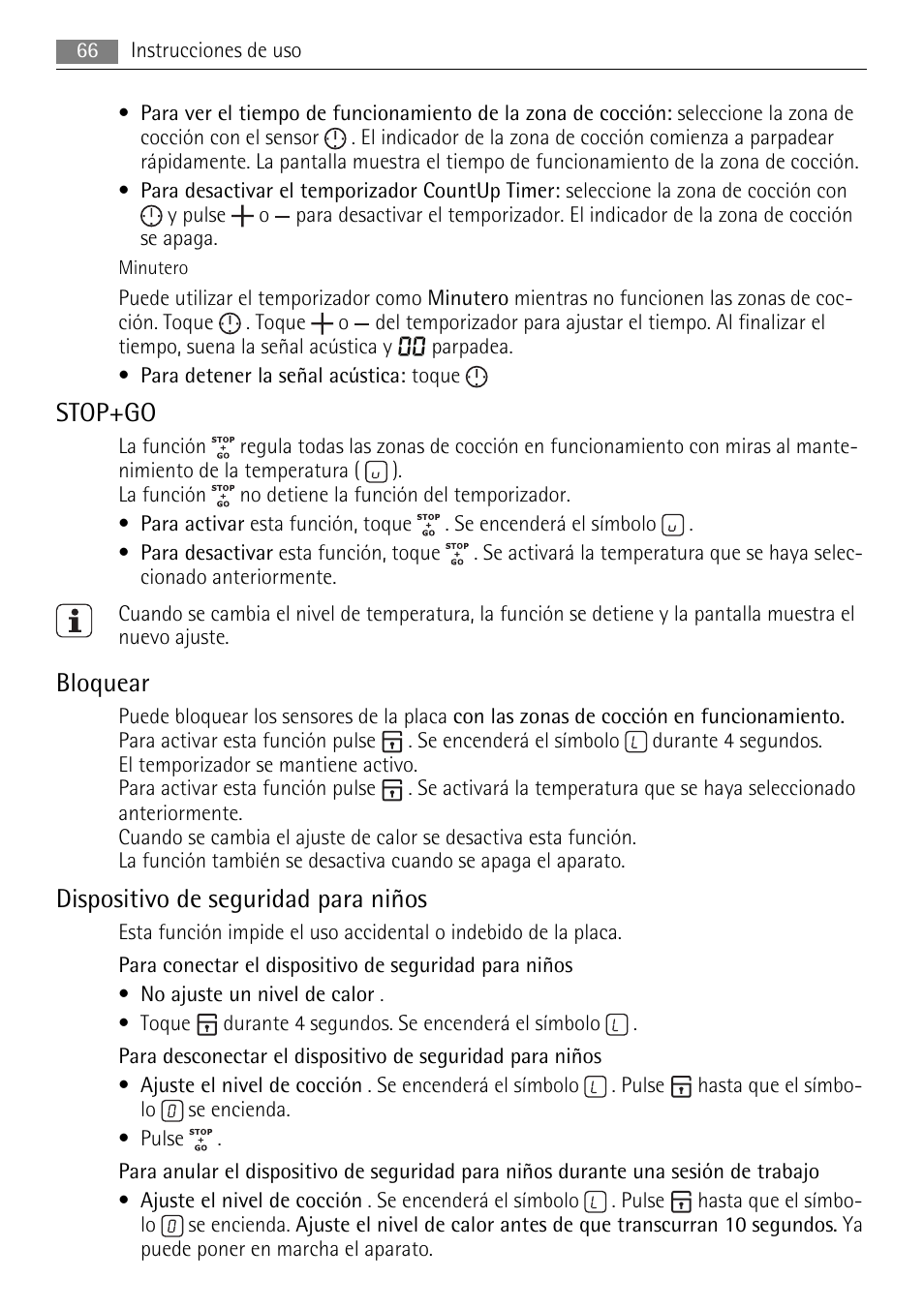 Stop+go, Bloquear, Dispositivo de seguridad para niños | AEG HE634079XB User Manual | Page 66 / 72