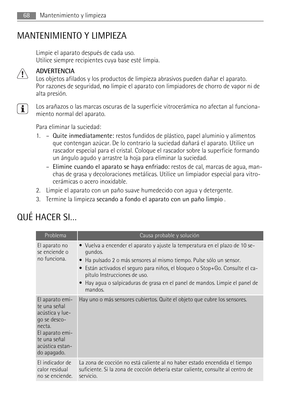 Mantenimiento y limpieza, Qué hacer si | AEG HE634079XB User Manual | Page 68 / 72