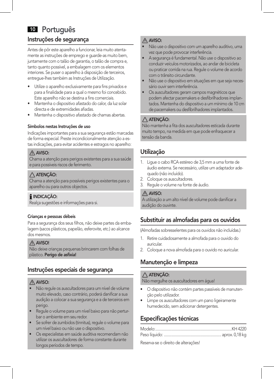 Português, Instruções de segurança, Instruções especiais de segurança | Utilização, Substituir as almofadas para os ouvidos, Manutenção e limpeza, Especificações técnicas | AEG KH 4220 User Manual | Page 10 / 24