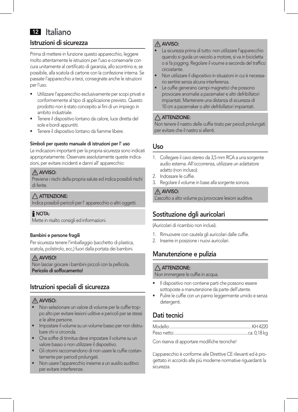 Italiano, Istruzioni di sicurezza, Istruzioni speciali di sicurezza | Sostituzione dgli auricolari, Manutenzione e pulizia, Dati tecnici | AEG KH 4220 User Manual | Page 12 / 24