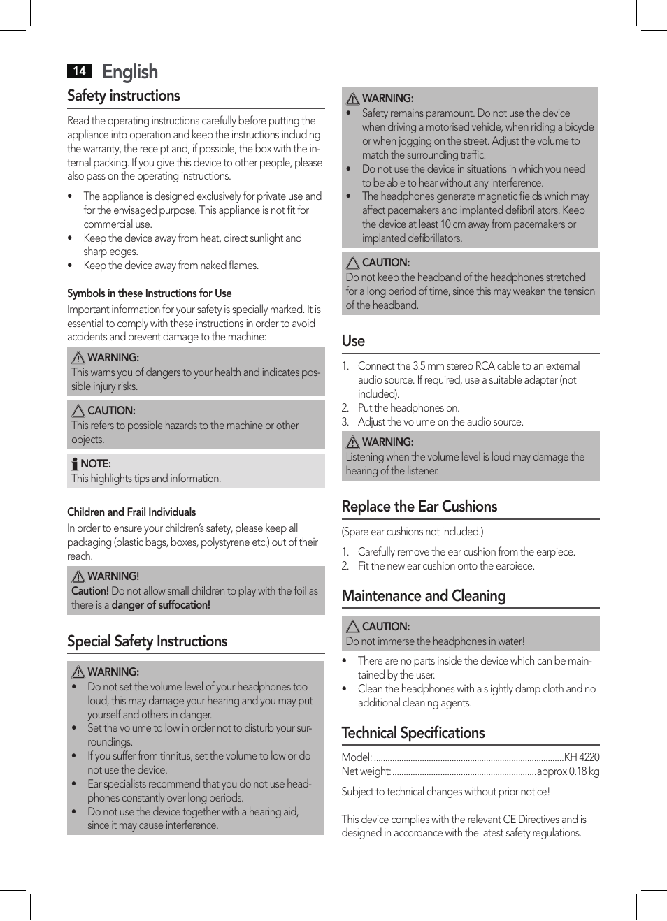 English, Safety instructions, Special safety instructions | Replace the ear cushions, Maintenance and cleaning, Technical specifications | AEG KH 4220 User Manual | Page 14 / 24