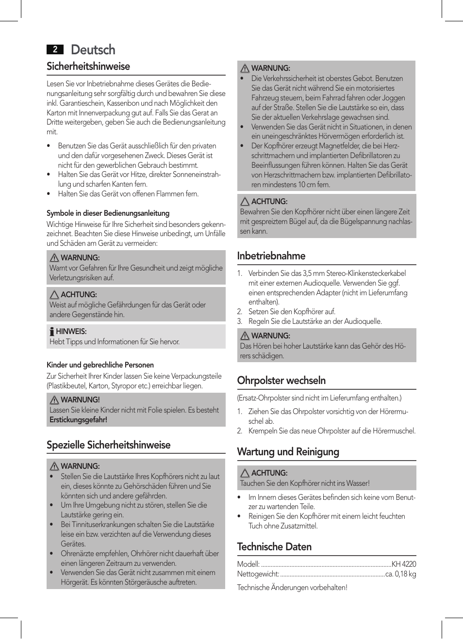 Deutsch, Sicherheitshinweise, Spezielle sicherheitshinweise | Inbetriebnahme, Ohrpolster wechseln, Wartung und reinigung, Technische daten | AEG KH 4220 User Manual | Page 2 / 24