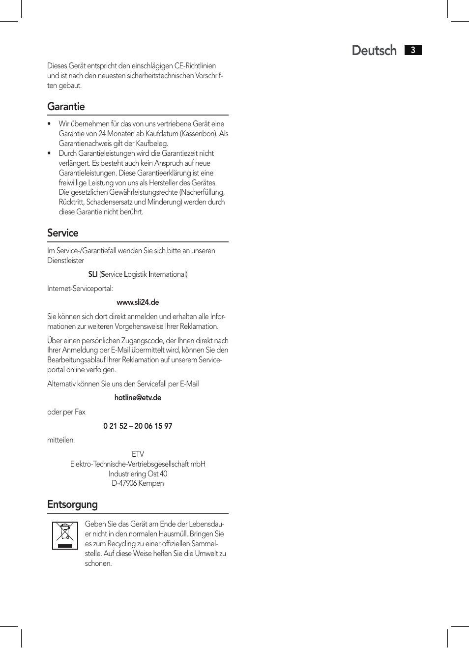 Deutsch, Garantie, Service | Entsorgung | AEG KH 4220 User Manual | Page 3 / 24