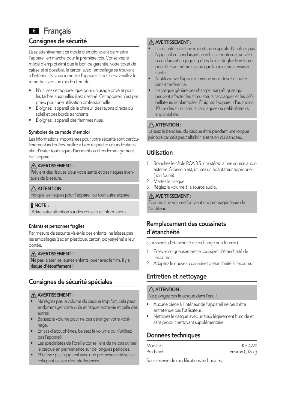 Français, Consignes de sécurité, Consignes de sécurité spéciales | Utilisation, Remplacement des coussinets d’étanchéité, Entretien et nettoyage, Données techniques | AEG KH 4220 User Manual | Page 6 / 24