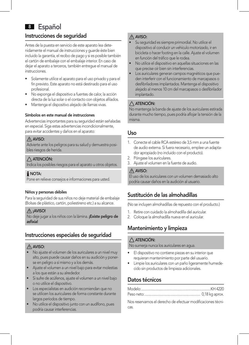 Español, Instrucciones de seguridad, Instrucciones especiales de seguridad | Sustitución de las almohadillas, Mantenimiento y limpieza, Datos técnicos | AEG KH 4220 User Manual | Page 8 / 24
